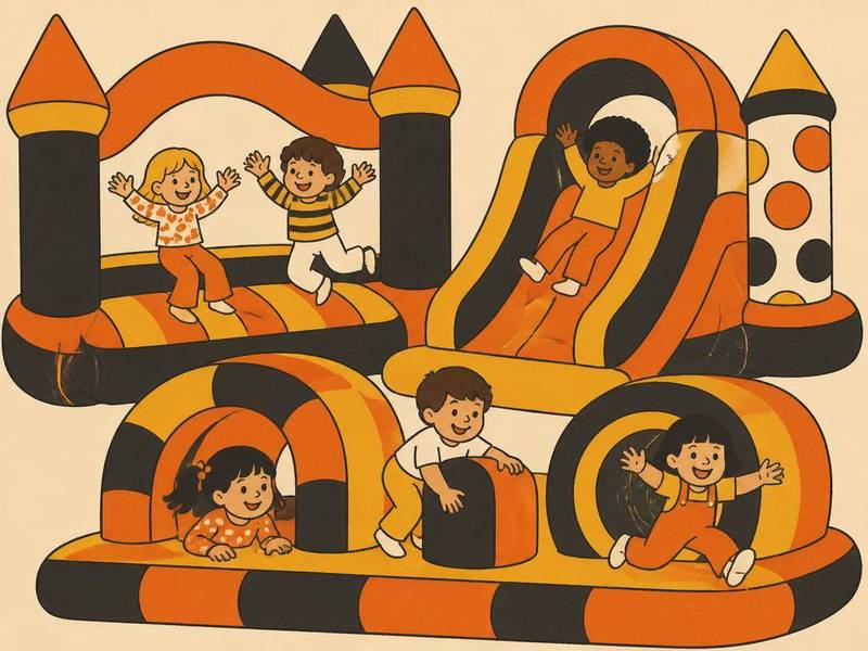 Children jumping and climbing on colorful inflatable bounce attractions at an outdoor fall festival