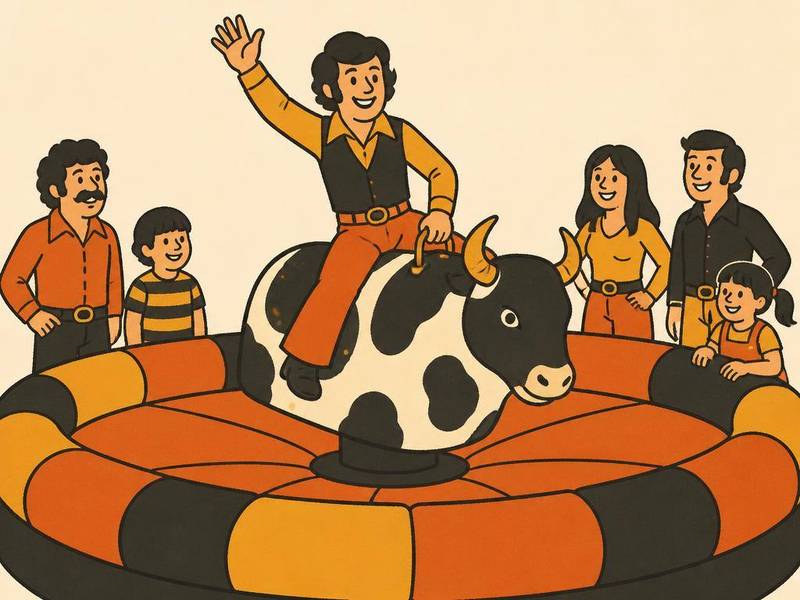 A rider holding on to a mechanical bull surrounded by a padded cushion while a crowd watches