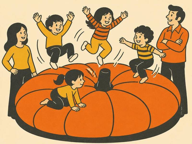 Kids bouncing on a giant orange inflatable pumpkin at a fall festival