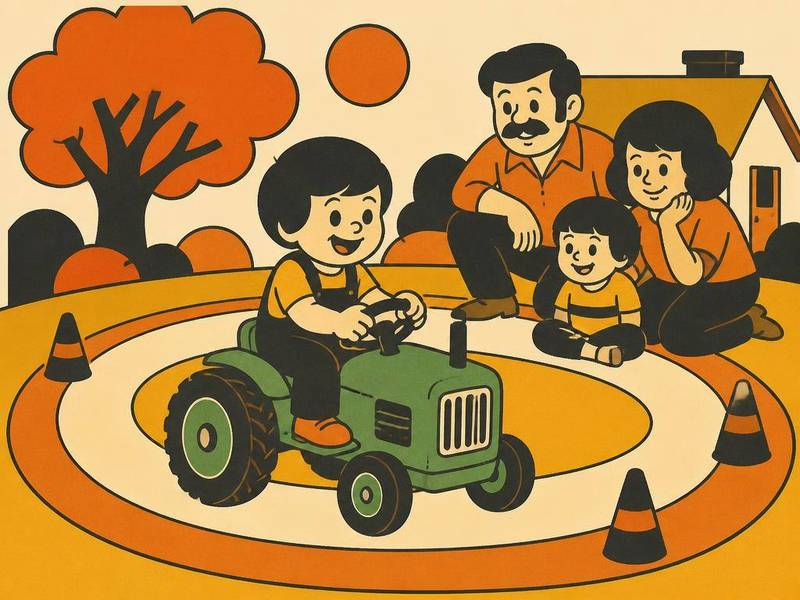 Toddlers driving green ride-on tractors around a small track lined with hay bales and pumpkins