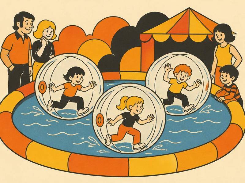 Children inside clear inflatable water walking balls floating on a pool